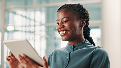 Buy stock photo Happy black woman, tablet and research for business in office, reading and content writer editing. Technology, creative and worker check app for copywriting story for ad campaign on social media