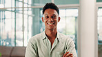 Portrait, business man and happy creative professional in office, brand consultant and worker. Face, smile and confident employee at startup, campaign specialist or pride for career growth in Brazil