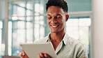 Tablet, research and happy business man in office, reading and content writer editing article. Technology, creative and worker check app for copywriting story for ad campaign on social media online