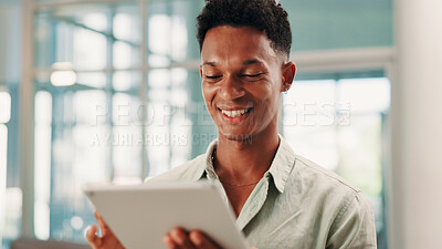 Buy stock photo Tablet, research and happy business man in office, reading and content writer editing article. Technology, creative and worker check app for copywriting story for ad campaign on social media online