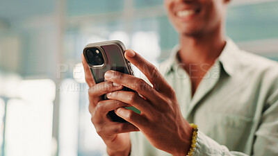 Buy stock photo Hands, phone and man in office with communication, contact or social networking with chatting. Technology, connectivity and male journalist with internet search or texting on cellphone in workplace.