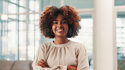 Buy stock photo Arms crossed, portrait and smile of woman publisher in office lobby for about us or friendly welcome. Business, confident and publishing with happy editor in professional workplace for opportunity