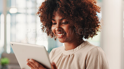 Buy stock photo Business, online and happy woman on tablet in office, reading or content writer editing in startup. Technology, creative and African worker on app for copywriting story, ad campaign and social media