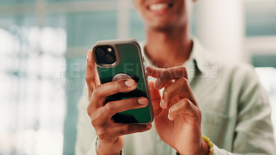 Buy stock photo Hands, cellphone and man in office with networking, communication or social contact with chatting. Technology, connectivity and journalist with internet search or texting with phone in workplace.