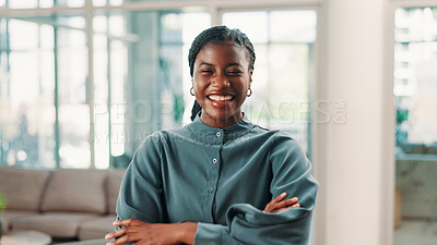 Buy stock photo Arms crossed, portrait and smile of black woman publisher in office lobby for about us or friendly welcome. Business, confident and publishing with happy African editor in professional workplace