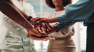Buy stock photo Business people, meeting and hands together with teamwork for commitment or growth at office. Closeup, group or employees piling with stack in unity for community, collaboration or trust at workplace