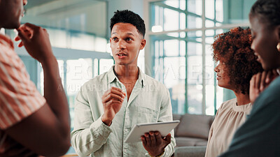 Buy stock photo Tablet, team talking and business man with ideas, event planning and schedule in creative meeting. Technology, collaboration and group brainstorming in startup office, venue research and design