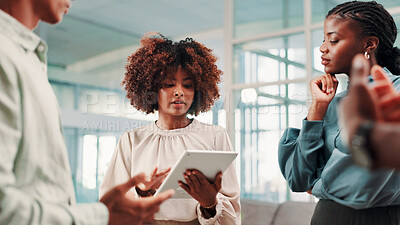 Buy stock photo Tablet, team and business people in discussion of ideas, event planning or schedule in creative meeting. Technology, collaboration or group brainstorming in startup office, venue research or design