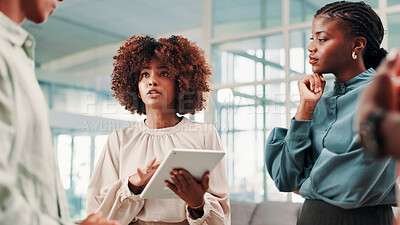 Buy stock photo Tablet, group and business woman in discussion for ideas, event planning or schedule in creative meeting. Technology, collaboration and team brainstorming in startup office, venue research or design