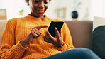 Home, watching and woman with smartphone, browsing and subscription to app for entertainment and lounge. House, happy and black person with tech for movies, choice and membership for streaming site