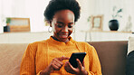 Home, happy and woman with smartphone, entertainment and subscription to app for movies and lounge. House, browsing and black person with mobile for film, choice and membership for streaming site