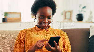 Buy stock photo Home, happy and woman with smartphone, entertainment and subscription to app for movies and lounge. House, browsing and black person with mobile for film, choice and membership for streaming site