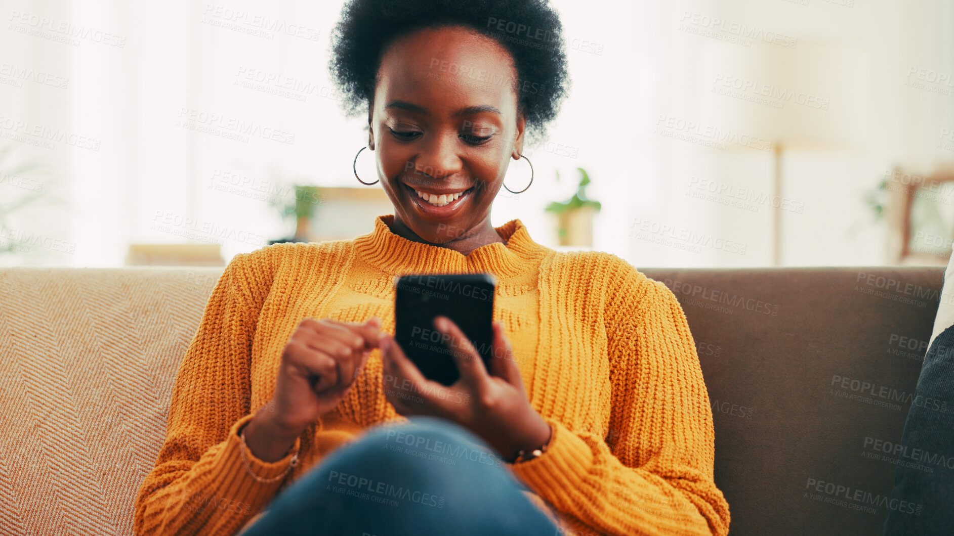 Buy stock photo Home, happy and woman with smartphone, movies and subscription to app for entertainment and lounge. House, browsing and black person with mobile for film, choice and membership for streaming site