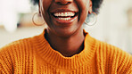 Smile, black woman and mouth for hygiene at house with teeth whitening, dental cleaning and results. Closeup, person and happy with veneers treatment, oral wellness and grooming care for fresh breath