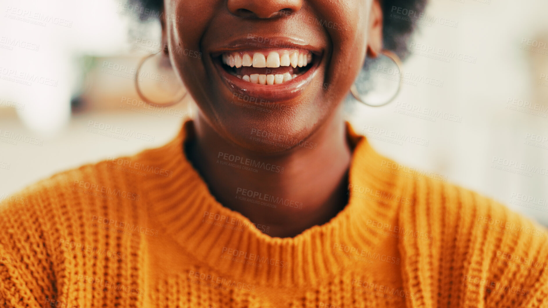 Buy stock photo Smile, black woman and mouth for hygiene at house with teeth whitening, dental cleaning and results. Closeup, person and happy with veneers treatment, oral wellness and grooming care for fresh breath