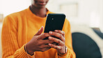 Phone, hands and woman with website, search and article for weekend break. Apartment, living room and person with cellphone, social media or online reading for ebook or internet entertainment