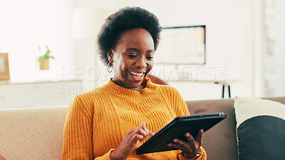 Buy stock photo Home, excited and woman with tablet, browsing and subscription to app for entertainment and lounge. House, happy and black person with tech for movies, choice and membership for streaming site