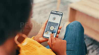 Buy stock photo Hands, phone screen and food delivery app in home with click for choice, deal and hungry in living room. Person, smartphone ux and decision for order, meal and nutrition with online shopping in house