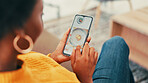 Phone screen, hands and woman with food blog, scroll and article for recipe ideas. Apartment, living room and person with cellphone, social media or online reading for culinary or restaurant research