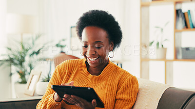 Buy stock photo Home, streaming and woman with tablet, online and subscription to app for entertainment or living room. House, happy and black person with tech for movies, watching or membership on website in lounge
