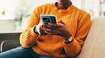Phone, hands and woman with reading, search and article for weekend break. Apartment, living room and person with cellphone, social media or online website for ebook or internet entertainment