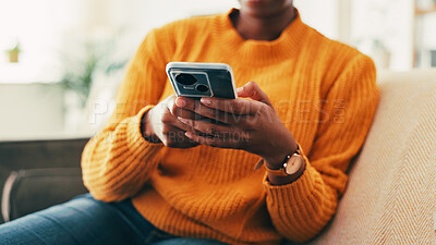 Buy stock photo Phone, hands and woman with reading, search and article for weekend break. Apartment, living room and person with cellphone, social media or online website for ebook or internet entertainment