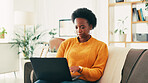 Black woman, laptop and sofa with remote work from home, review and check report for administration. Person, virtual assistant and computer with proposal, schedule or feedback with project management