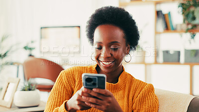 Buy stock photo Black woman, phone and happy on sofa in home, texting and relax with web chat in living room. African person, smartphone and click on mobile app with notification, contact and social media in house
