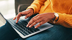 Business, hands and woman with laptop, internet and keyboard with deadline for article. Closeup, copywriting and person with computer, research for report or email with feedback, review or creativity