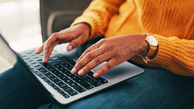 Buy stock photo Business, hands and woman with laptop, internet and keyboard with deadline for article. Closeup, copywriting and person with computer, research for report or email with feedback, review or creativity