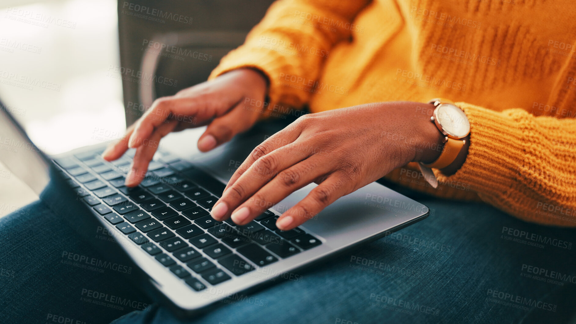 Buy stock photo Business, hands and woman with laptop, internet and keyboard with deadline for article. Closeup, copywriting and person with computer, research for report or email with feedback, review or creativity