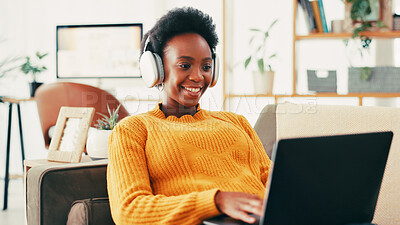 Buy stock photo Headphones, freelancer and woman with laptop, happy and ghostwriter with music for inspiration or typing. Remote work, author and black person with tech for ebook, listen or smile for podcast in home