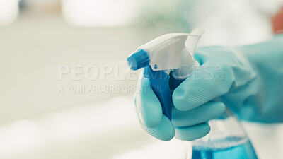 Buy stock photo Gloves, cleaning and hand with disinfectant spray for housekeeping, bacteria removal or housework. Hygiene, person and chemical bottle in home for domestic chores, germ protection or virus sanitation