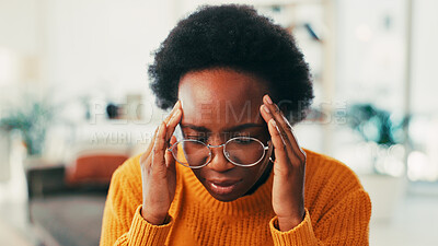 Buy stock photo Black woman, relax and headache on sofa at house for brain fog, financial stress and mortgage bankruptcy. Person, fatigue and migraine from burnout, pain discomfort and dizzy for mistake of breakdown