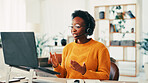 Video call, telemarketing and woman with headset, laptop and introduction for service or company. Remote work, representative and black person with tech for sales, virtual conference or communication