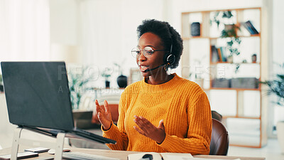 Buy stock photo Video call, telemarketing and woman with headset, laptop and introduction for service or company. Remote work, representative and black person with tech for sales, virtual conference or communication