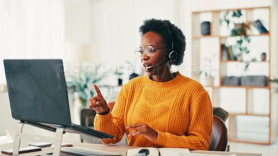 Buy stock photo Black woman, laptop and headset with remote work from home office, talk and report for admin job. Person, virtual assistant and contact with proposal, consulting and feedback for project management