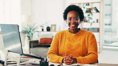 Buy stock photo Black woman, laptop and portrait with remote work from home office, smile and pride for admin job. Person, virtual assistant and happy with confidence, schedule and project management in Nigeria