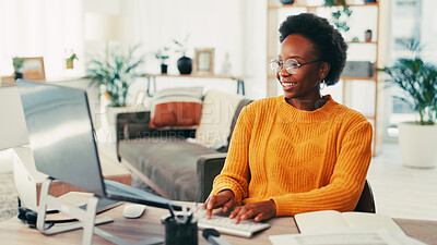 Buy stock photo Black woman, laptop and typing with remote work from home office, smile and report for administration. Person, virtual assistant and happy with proposal, schedule and feedback with project management