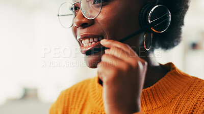 Buy stock photo Home, black woman and talking with headset for call center, consulting and telemarketing for freelancer. Remote work, female person and business agent with mic for customer service, sales and support