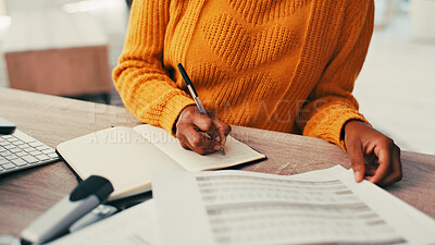 Buy stock photo Writing, notebook and hands of business woman in office for administration, calendar and planning. Schedule, information and project reminder with closeup of employee for agenda and documents