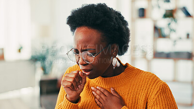 Buy stock photo Coughing, illness and black woman in home with flu, cold or allergies with viral infection. Sick, recovery and African female person with respiratory symptoms, tuberculosis or asthma in living room.