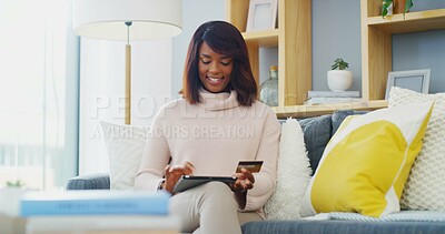 Buy stock photo Home, credit card and black woman with tablet, online shopping and investment with payment in lounge. African person, apartment and lady with tech, transactions and savings goals with banking app