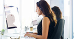Call center, headset and woman with typing on computer screen for troubleshooting, technical support or FAQ. Contact us, agent or consulting with customer service, inbound query or network resolution