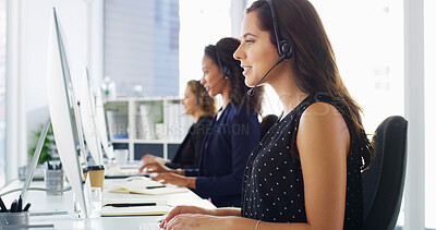 Buy stock photo Call center, typing and woman with headset by computer for virtual assistance, technical support and customer service. Contact us, consultant and helping with software issue, troubleshooting or query