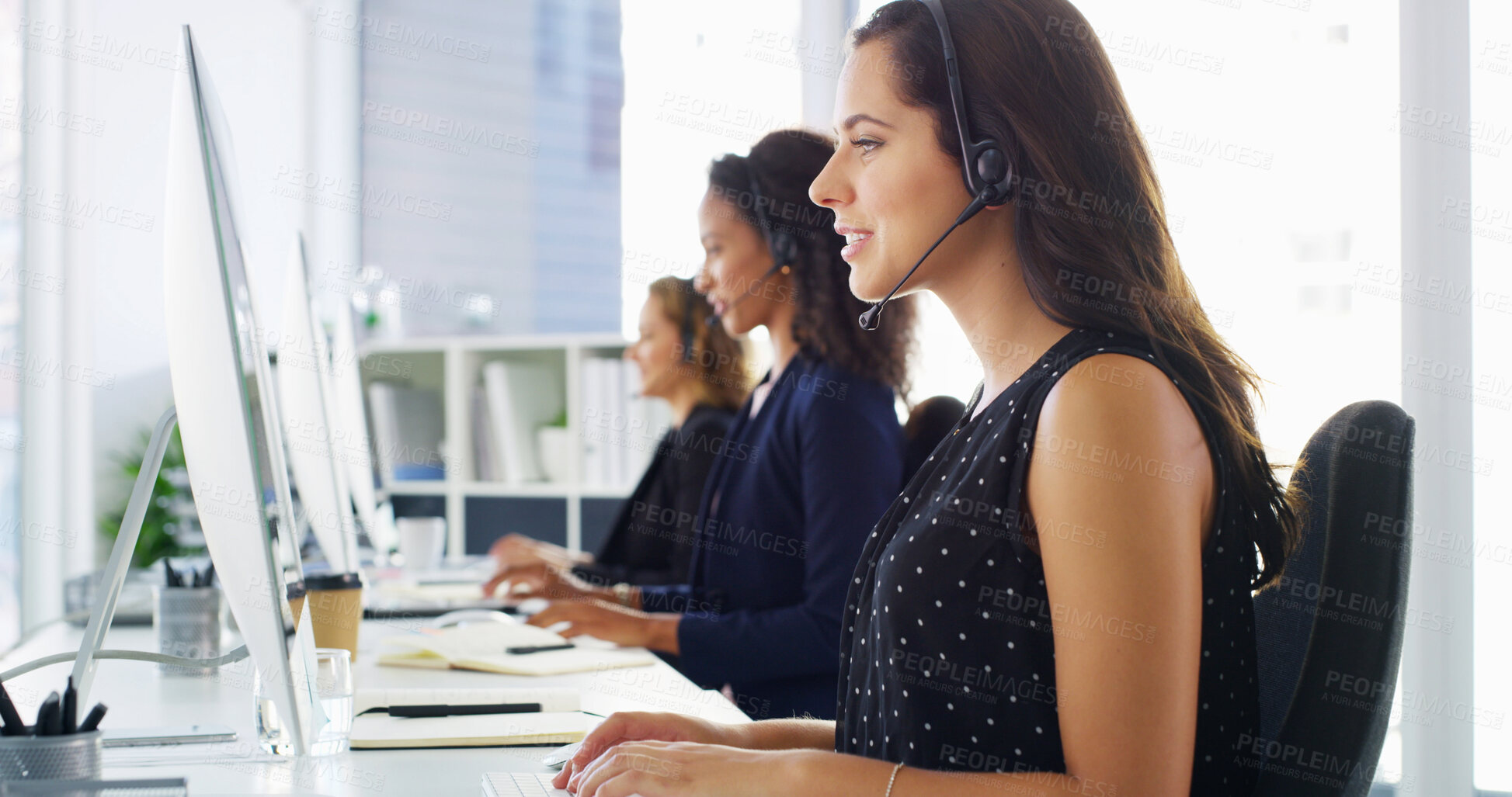 Buy stock photo Call center, typing and woman with headset by computer for virtual assistance, technical support and customer service. Contact us, consultant and helping with software issue, troubleshooting or query