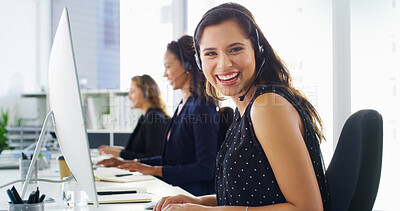 Buy stock photo Happy woman, consultant and headset with computer for telemarketing or customer service at call center. Portrait, female person or agent with smile or mic for online advice, communication or help