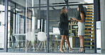 Handshake, hr and people with tablet, office and welcome for meeting with candidate, hiring and smile. Greeting, recruiter and shaking hands with applicant for interview, happy and women with gesture