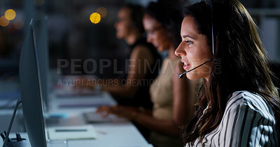 Buy stock photo Night, customer support and woman on computer in office for talking, online help and consulting. Corporate, business and person with headset for virtual assistance, communication and b2c contact