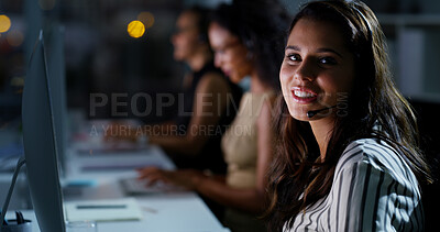Buy stock photo Night, customer support and portrait of woman on computer in office for talking, online help and consulting. Corporate, business and person with headset for company, communication and b2c contact